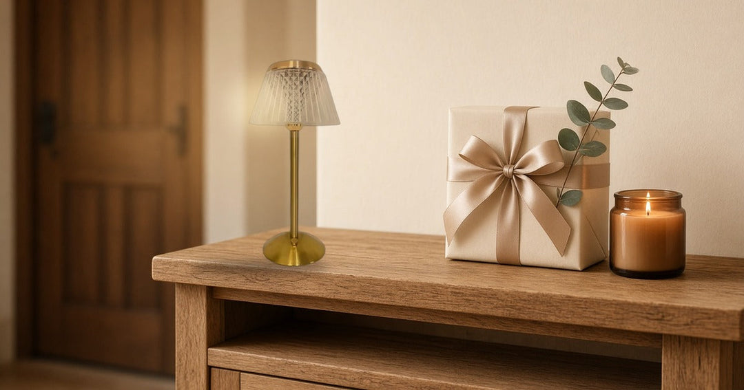Cordless table lamp with a crystal-cut acrylic-style shade beside a wrapped gift and a candle