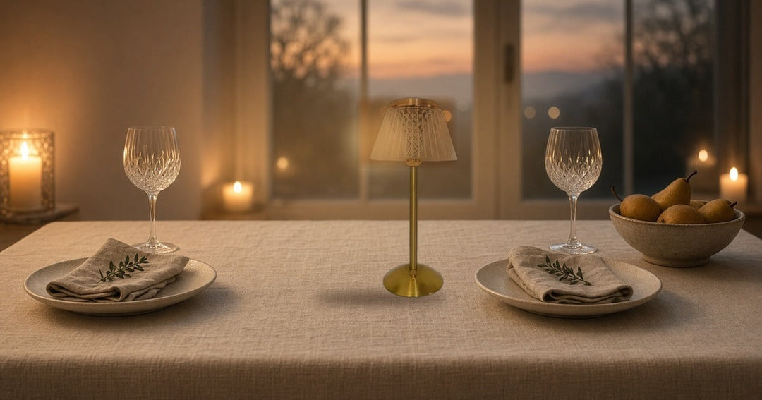 Cordless table lamp with a crystal-cut acrylic-style shade on a dining table
