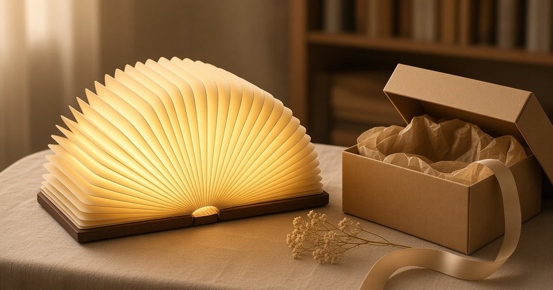 Glowing folding book lamp with a wooden cover beside an open gift box and ribbon