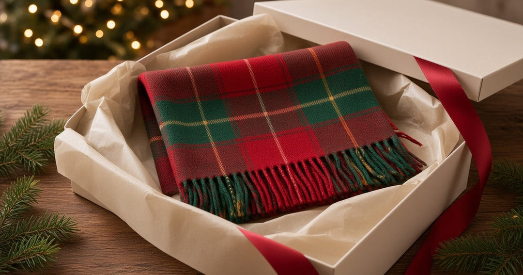Red and green tartan scarf folded in a gift box with a red ribbon