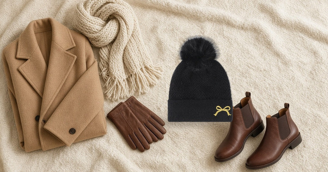 Faux fur pom pom beanie with an embroidered bow laid out with a wool coat, knit scarf, gloves and ankle boots