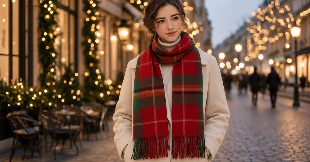 Woman wearing a red and green tartan scarf with fringed ends on a winter street