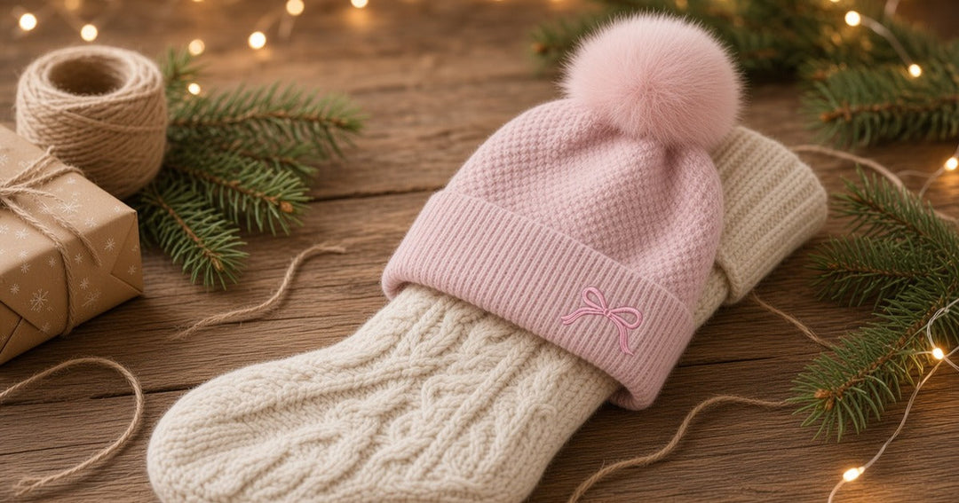 Pom pom beanie with an embroidered bow tucked into a knit Christmas stocking beside wrapped gifts and pine