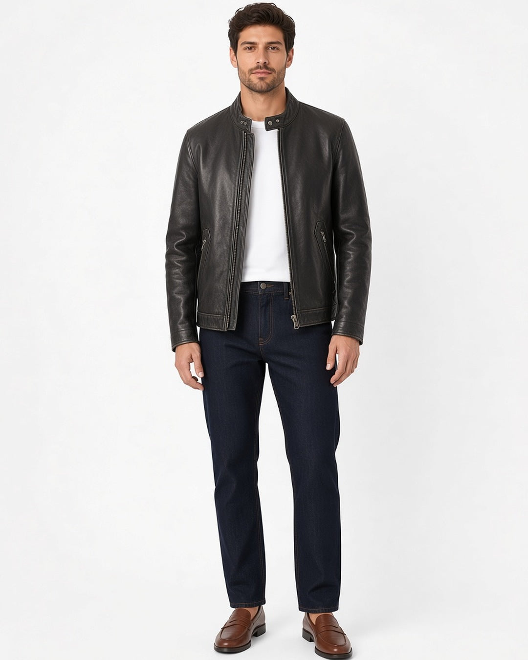 Callum Stand-Collar Cowhide Jacket - worn by model, full-length, white studio