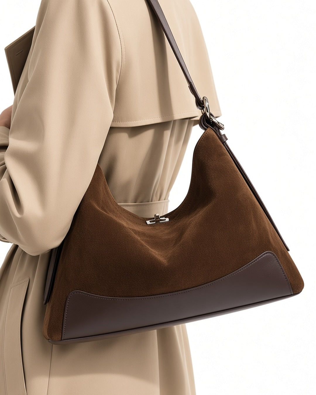 Geneviève Suede Shoulder Bag - close-up worn detail, white studio
