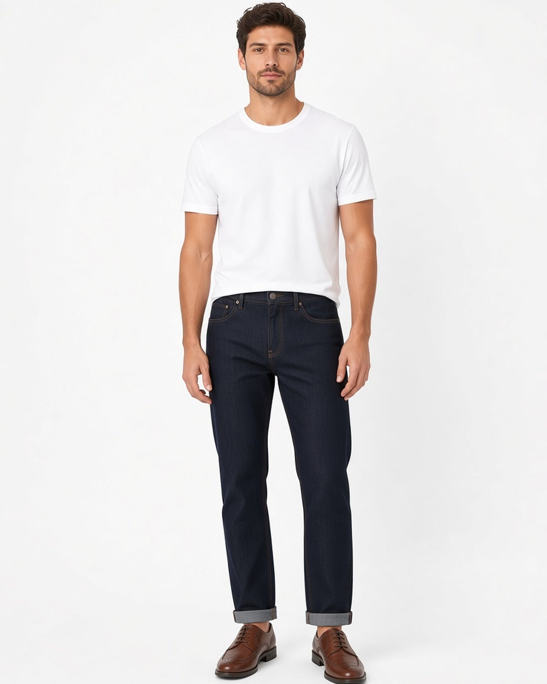 Matthew  English Carved Derby Leather Shoes - worn by model, full-length, white studio