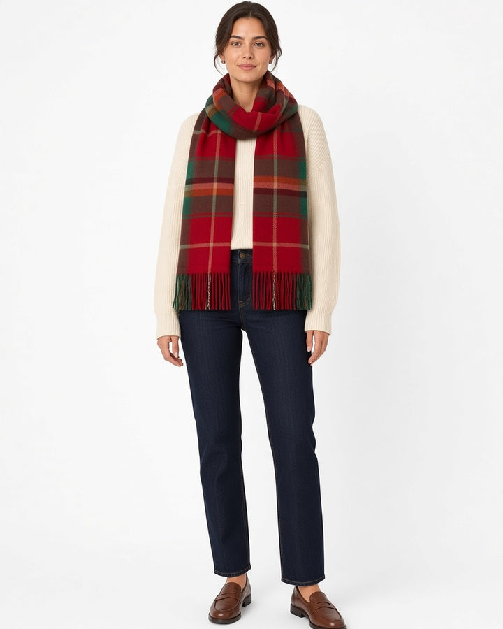 Tilda Heated Plaid Scarf - worn by model, front (white studio)