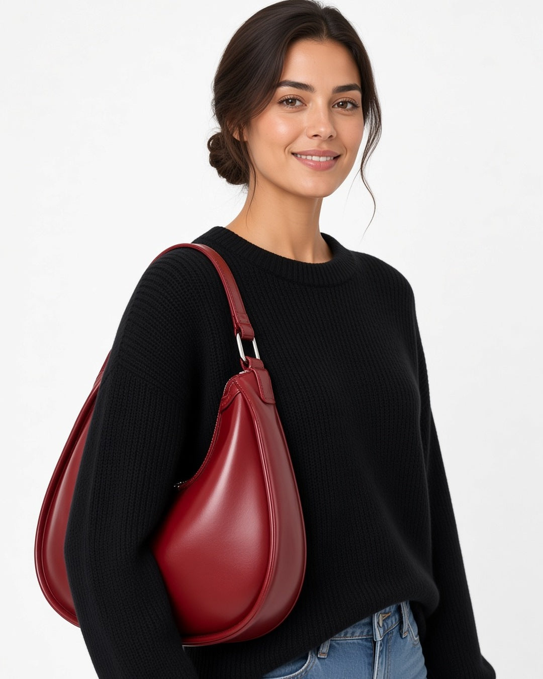 Addison Hobo Leather Bag - worn by model, waist-up, white studio