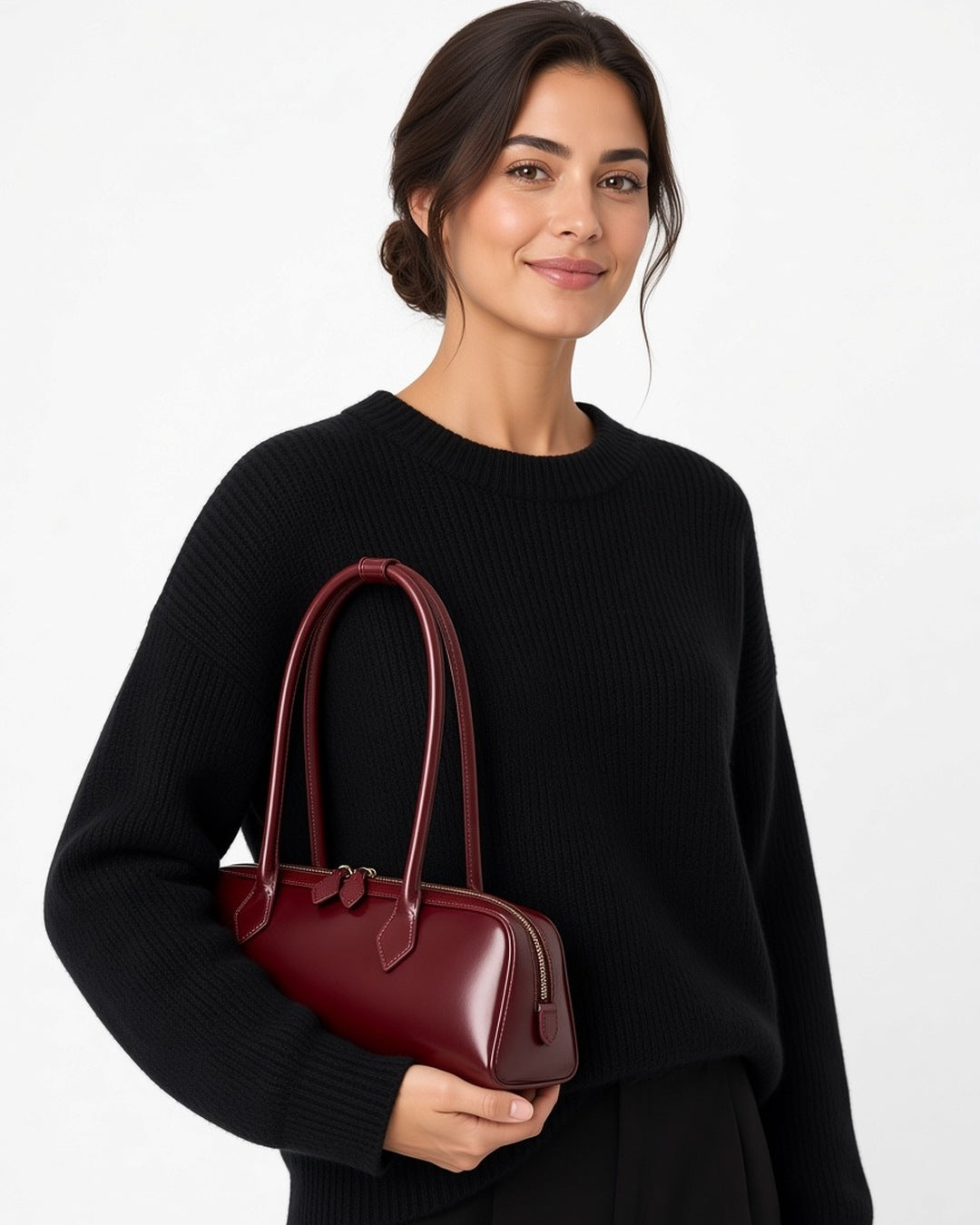 Éléanor French Baguette Leather Bag - worn by model, waist-up, white studio