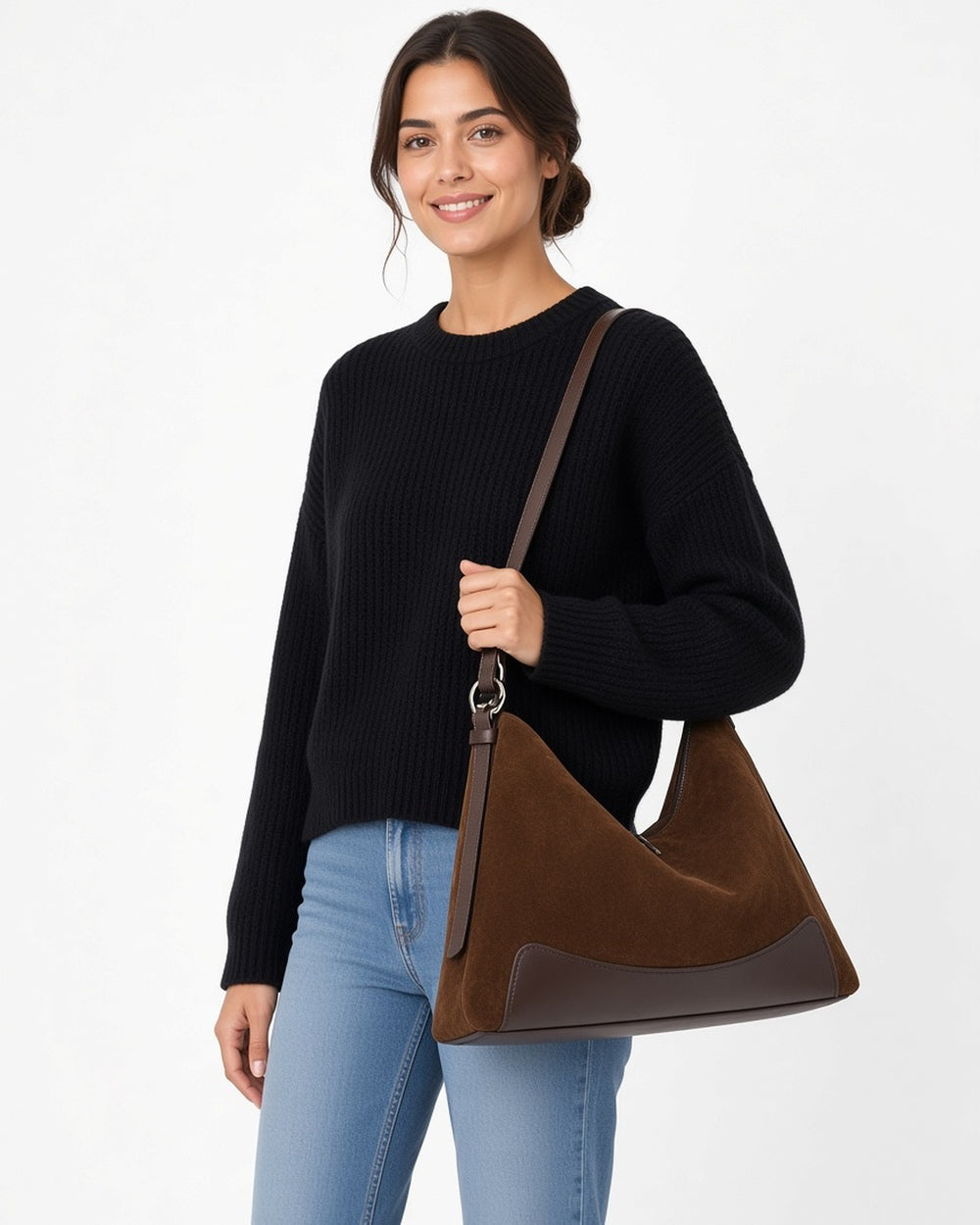 Geneviève Suede Shoulder Bag - worn by model, waist-up, white studio