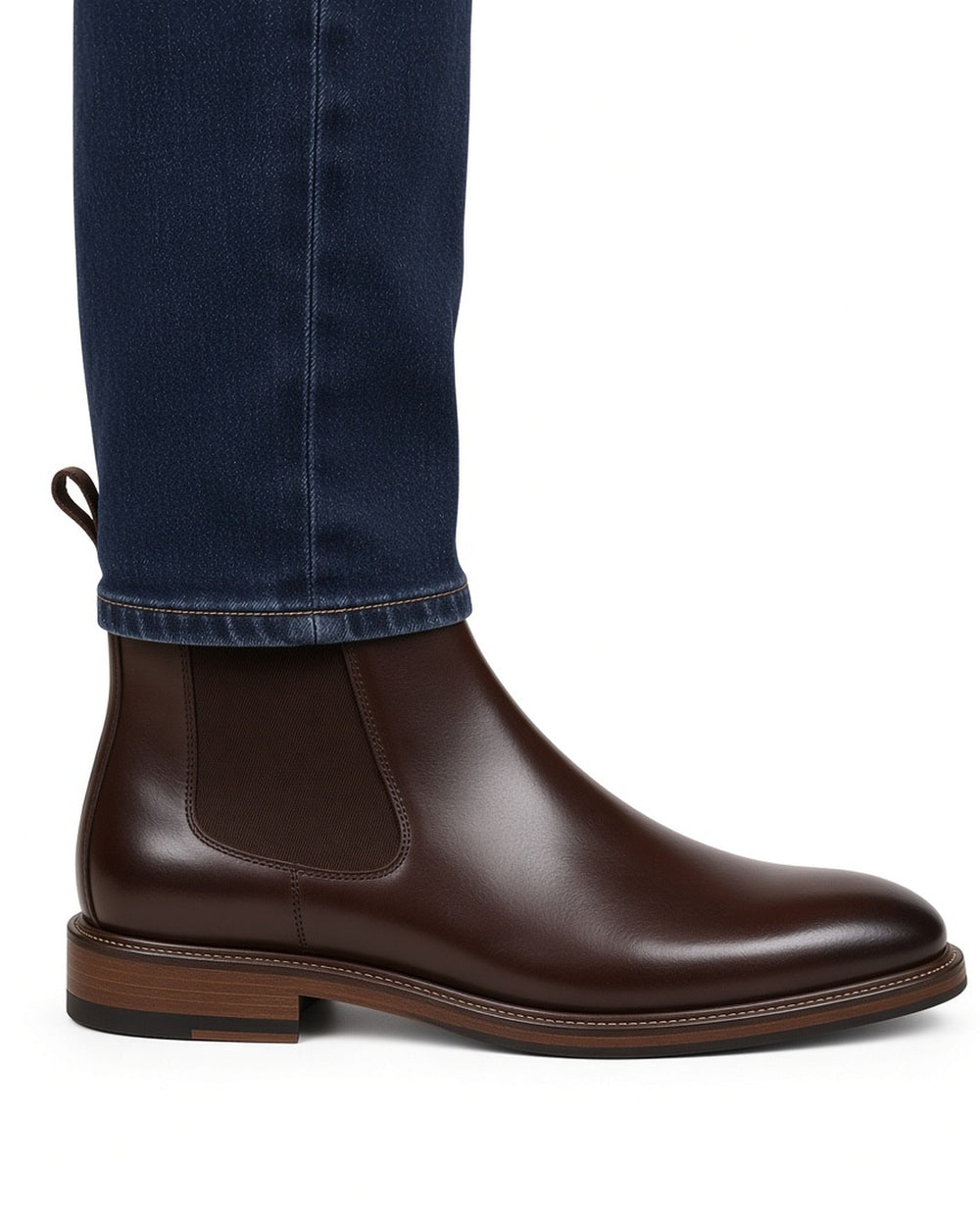 Jacob Retro Chelsea Leather Boots - worn by model walking, white studio