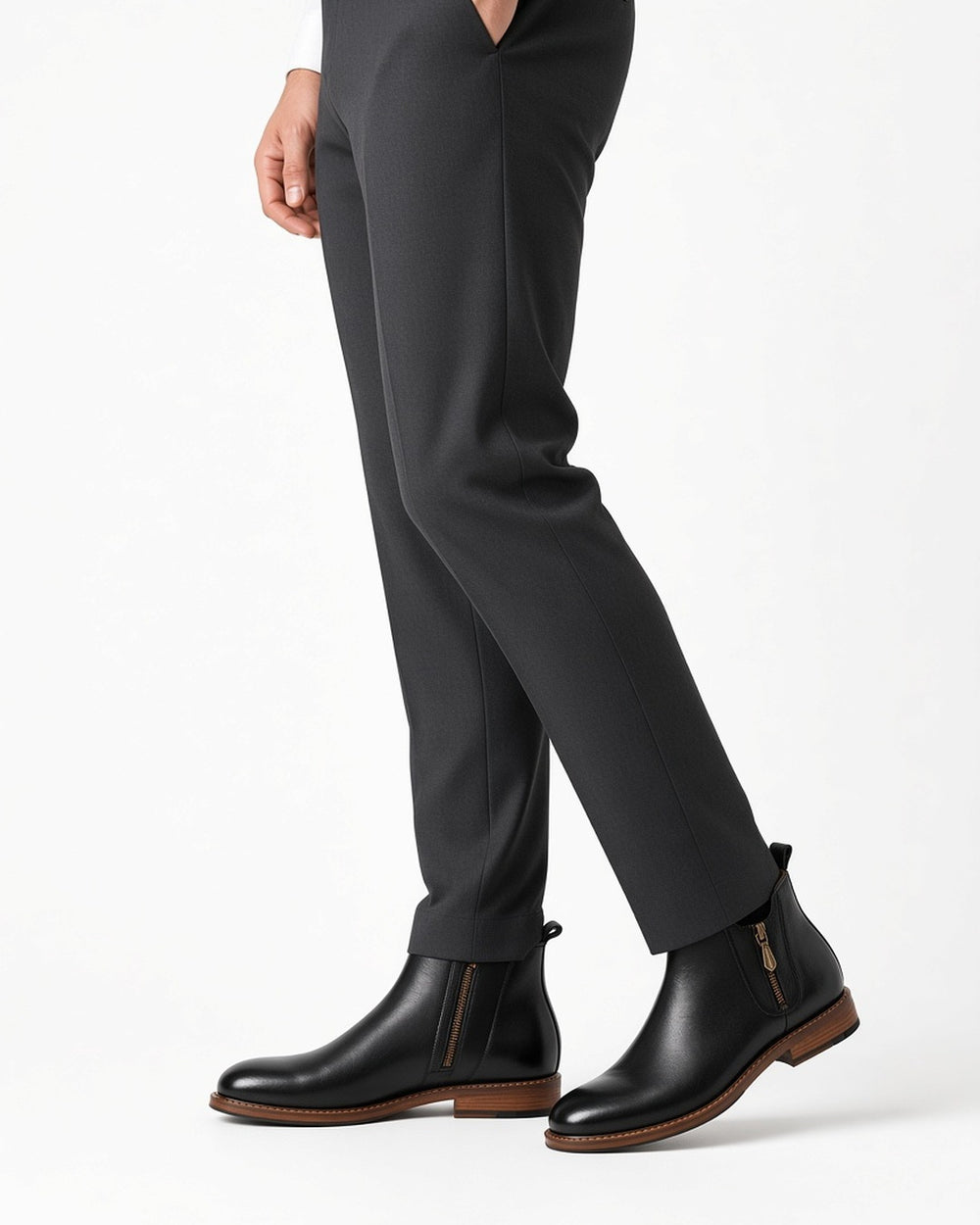 Julian Chelsea Leather Boots - worn by model walking, white studio