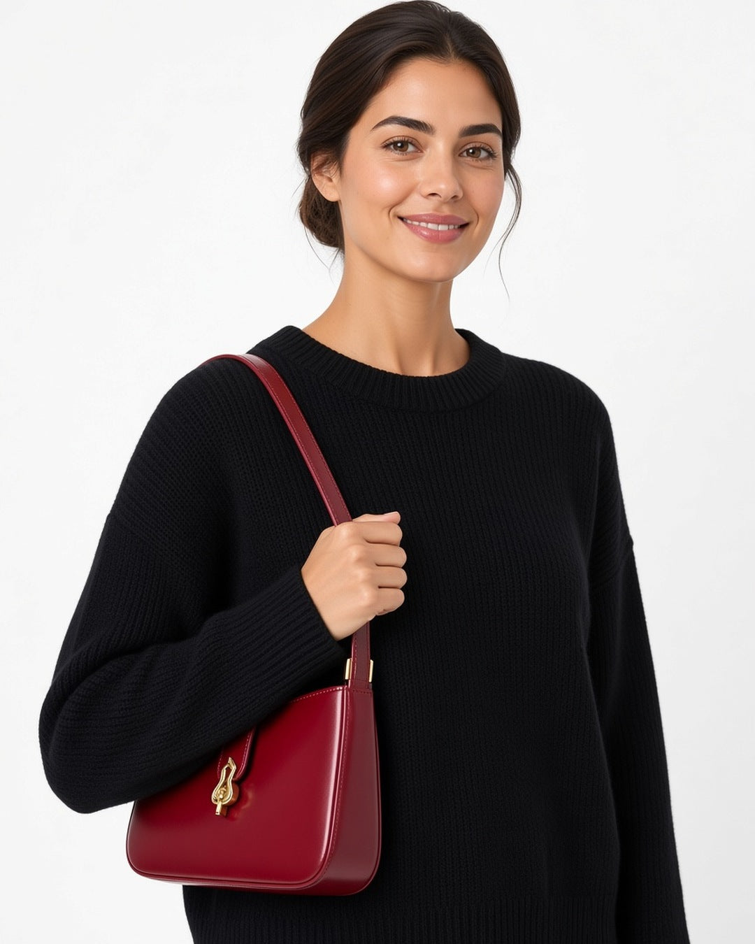 Juliette Shoulder Bag - worn by model, waist-up, white studio