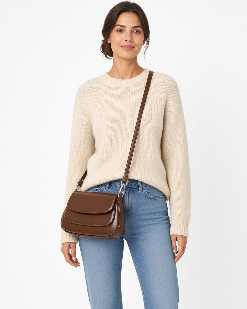 Leah Leather Crossbody Bag - worn by model, waist-up, white studio