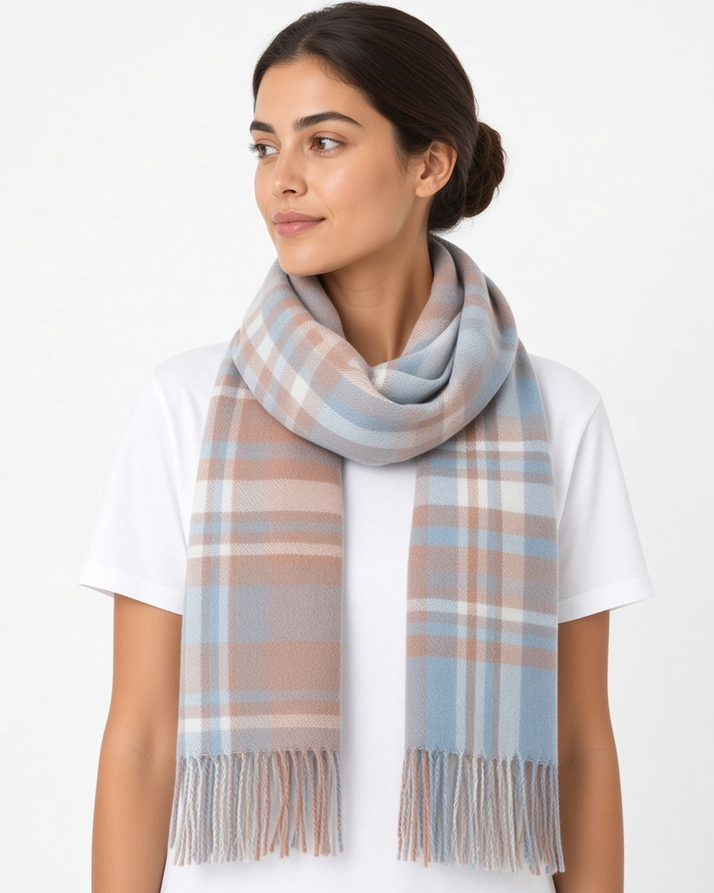 Tilda Heated Plaid Scarf - close-up worn detail, white studio