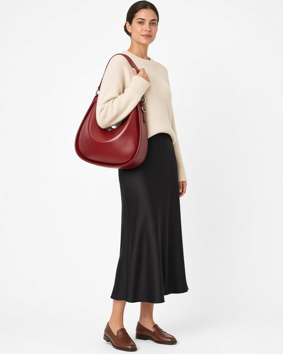 Addison Hobo Leather Bag - worn by model, full-length, white studio