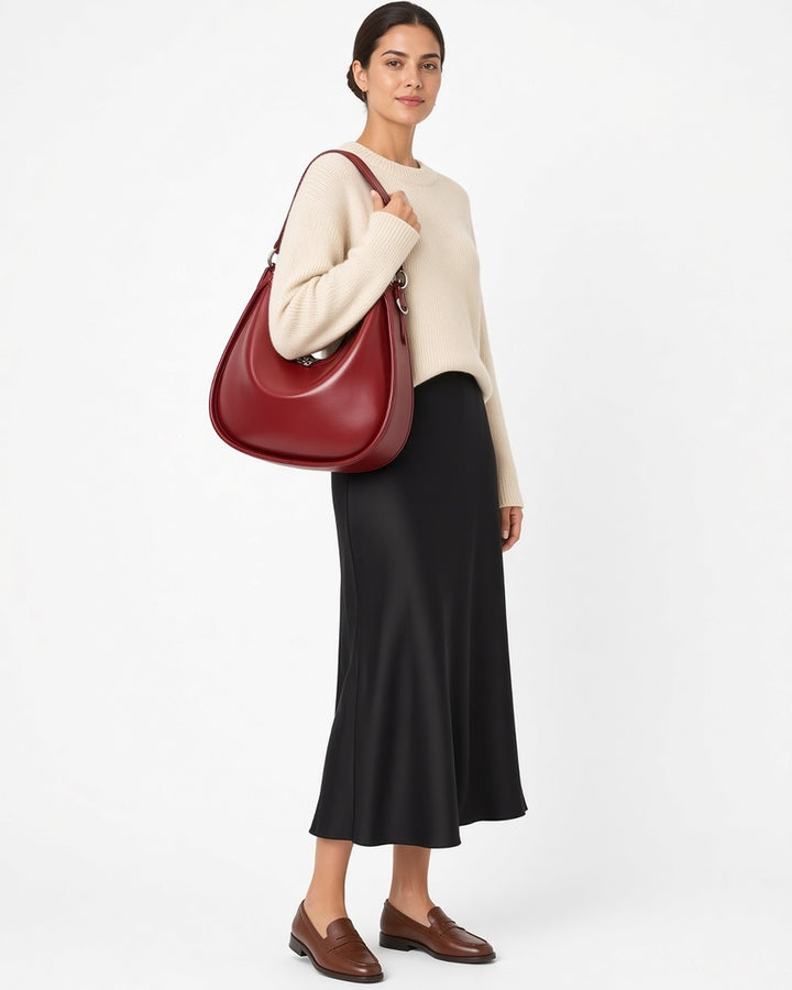 Addison Hobo Leather Bag - worn by model, full-length, white studio