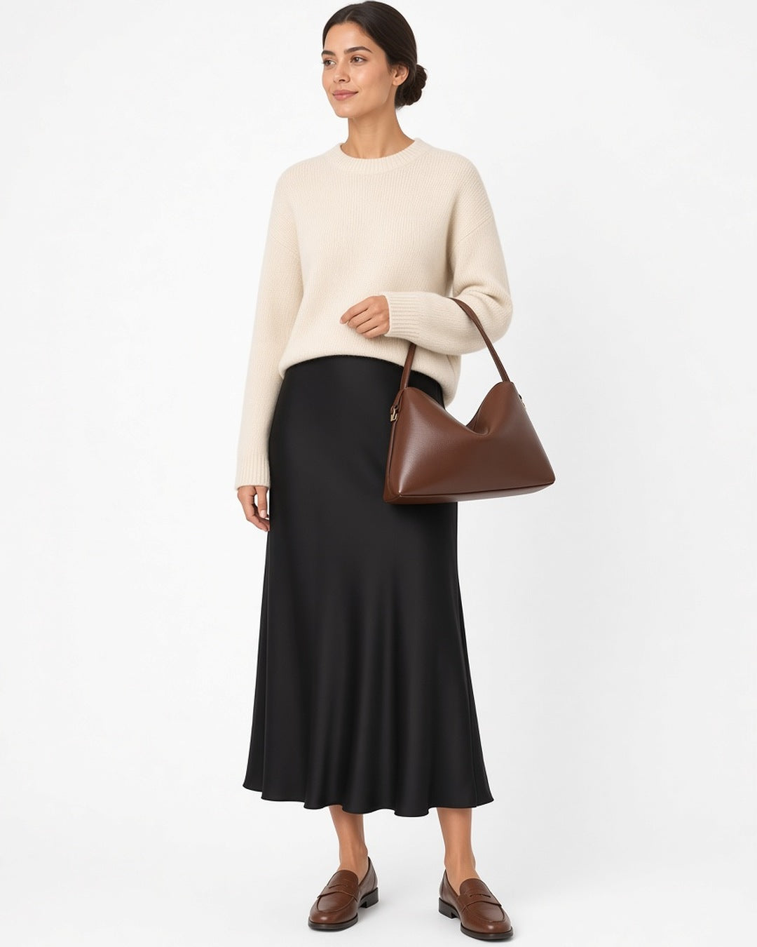 Béatrice Hobo Leather Bag - worn by model, full-length, white studio