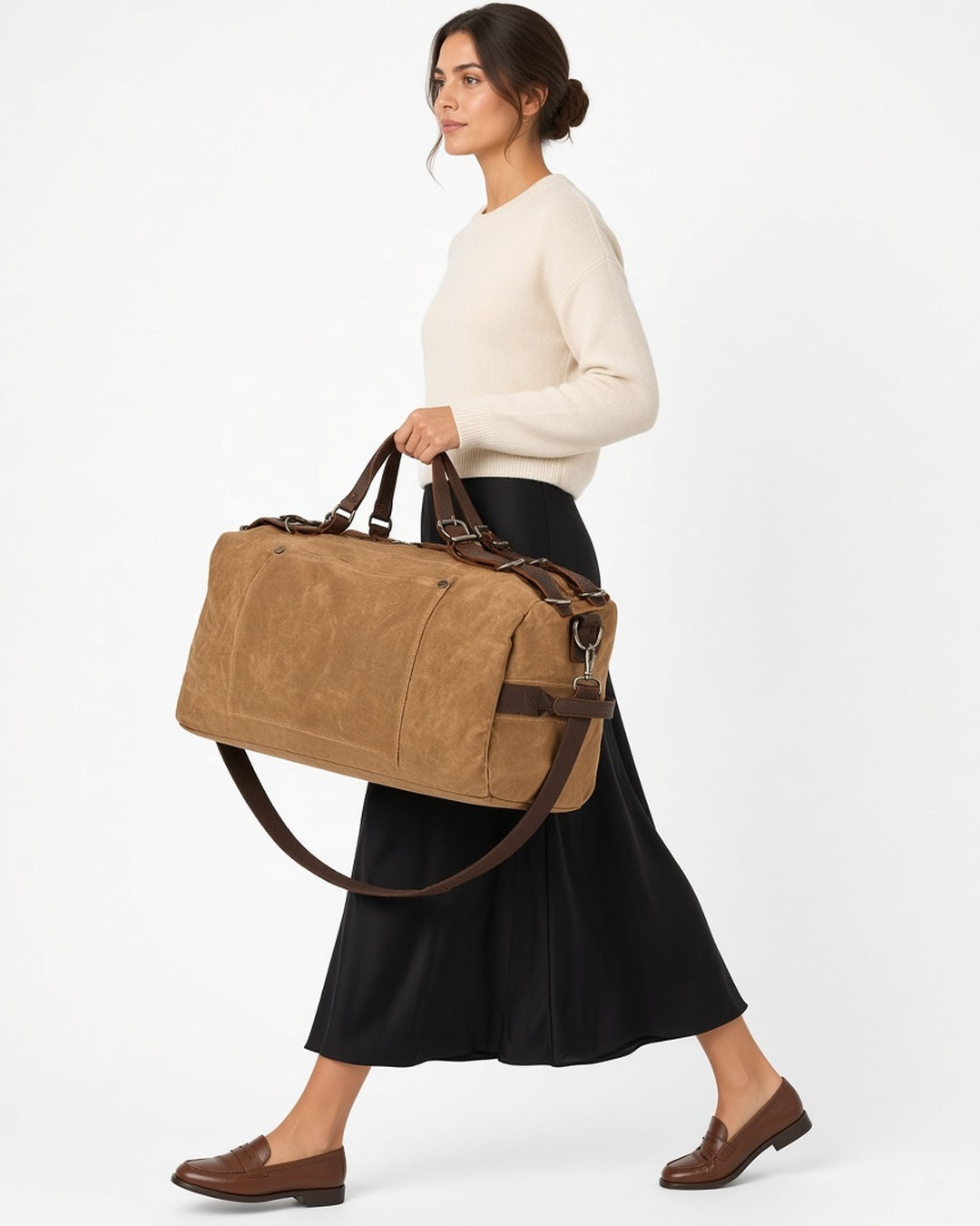 Hayes Waxed Canvas Weekender - close-up worn detail, white studio