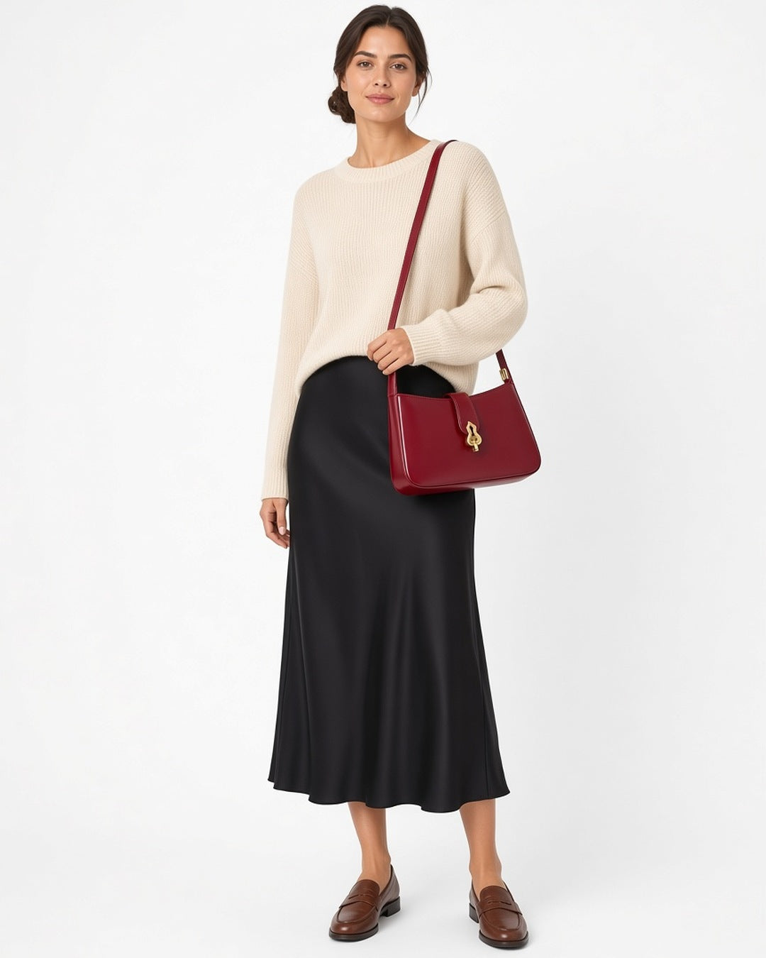 Juliette Shoulder Bag - worn by model, full-length, white studio