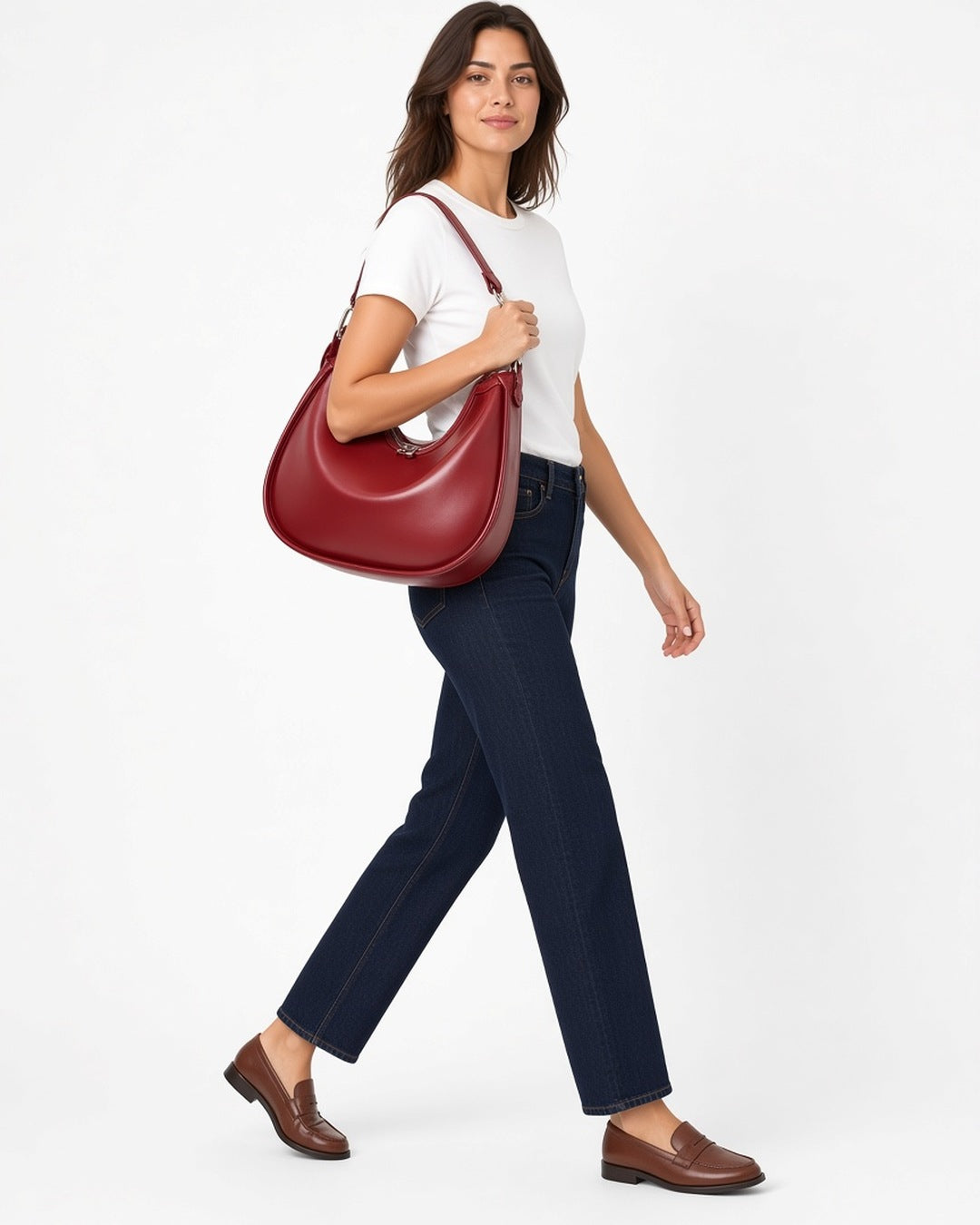 Addison Hobo Leather Bag - worn by model walking, white studio