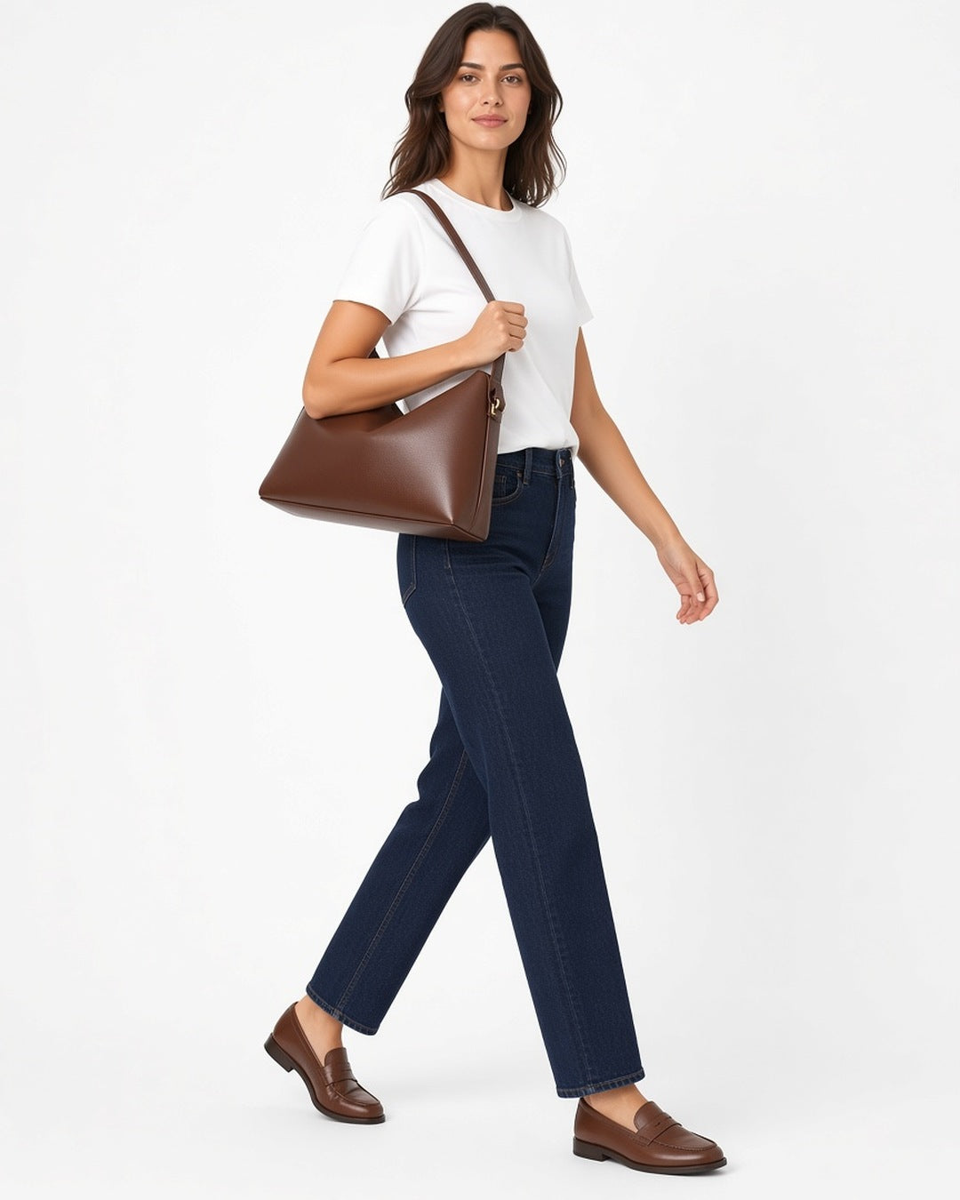 Béatrice Hobo Leather Bag - worn by model walking, white studio