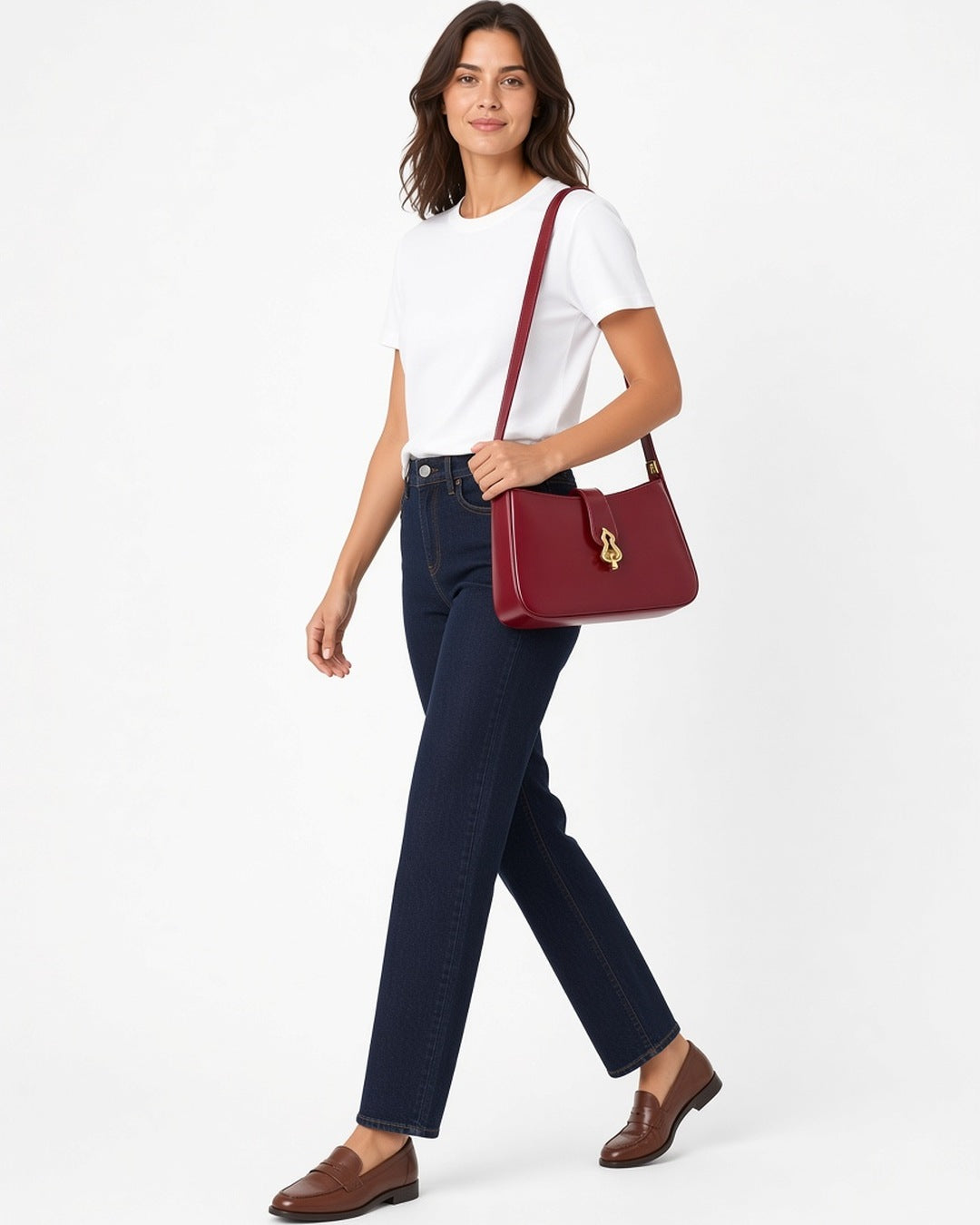 Juliette Shoulder Bag - worn by model walking, white studio