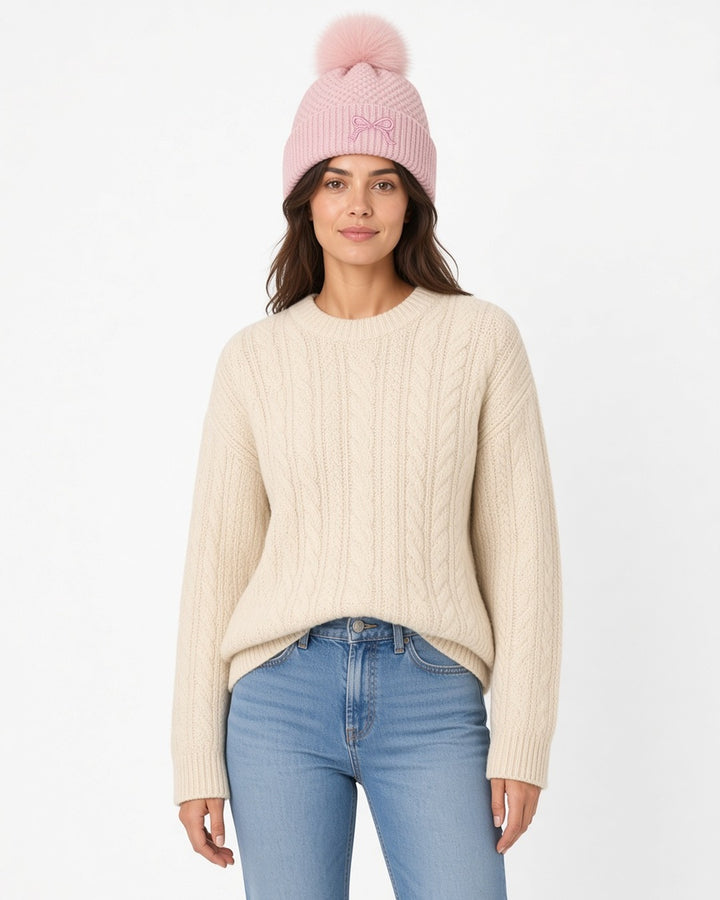 Posy Faux Fur Pom Bow Beanie - close-up worn detail, white studio