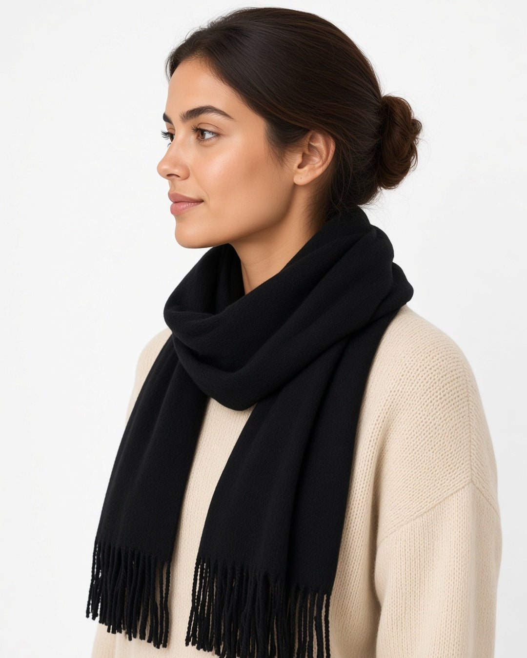 Tilda Heated Plaid Scarf - worn by model, profile (white studio)
