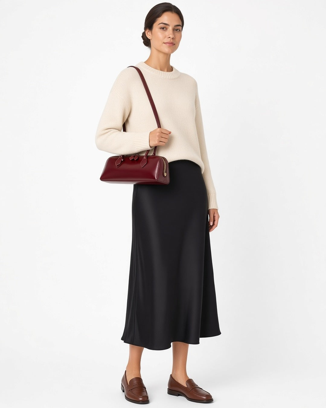 Éléanor French Baguette Leather Bag - worn by model, full-length, white studio