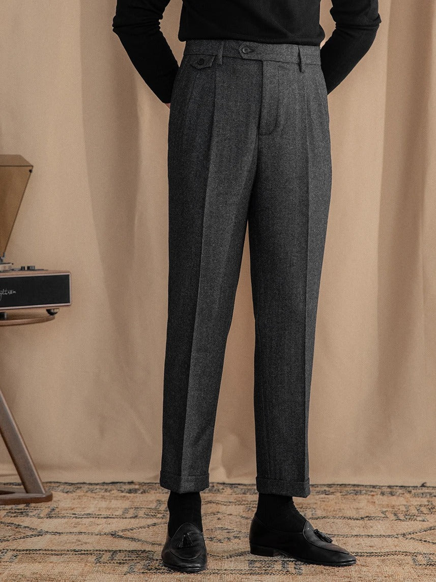 Valentio Wool Blend Herringbone Pleated Pants