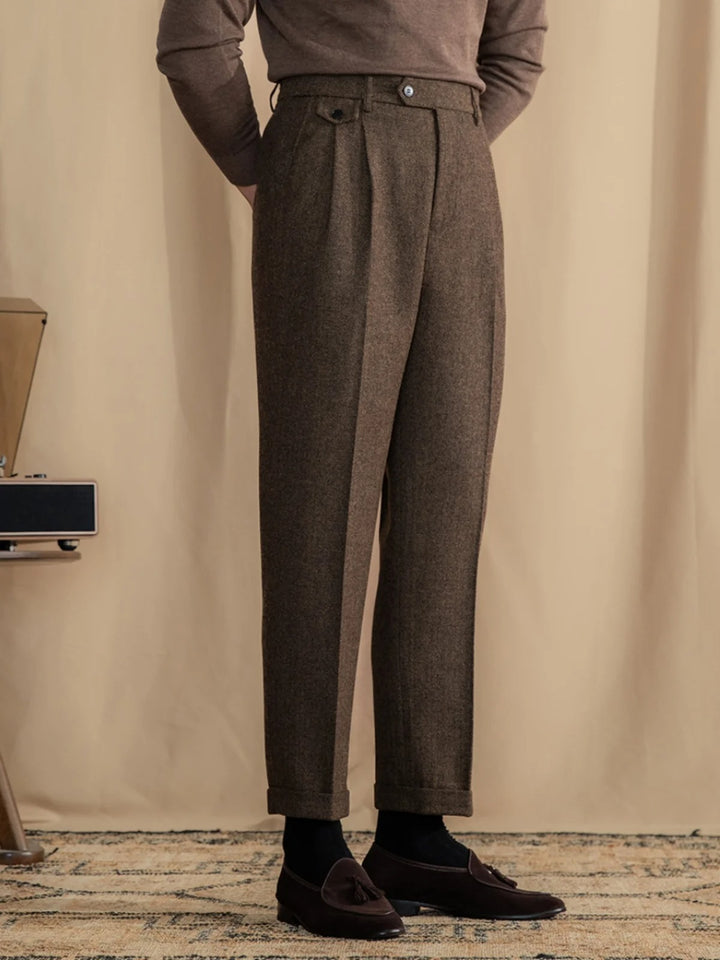 Valentio Wool Blend Herringbone Pleated Pants