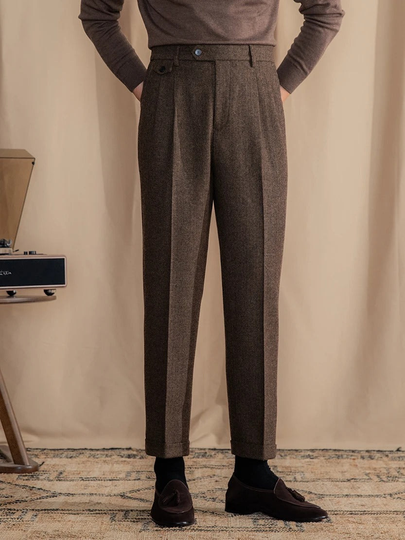 Valentio Wool Blend Herringbone Pleated Pants