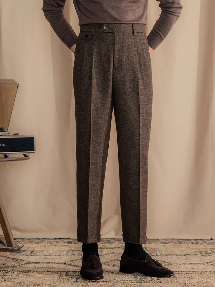 Valentio Wool Blend Herringbone Pleated Pants