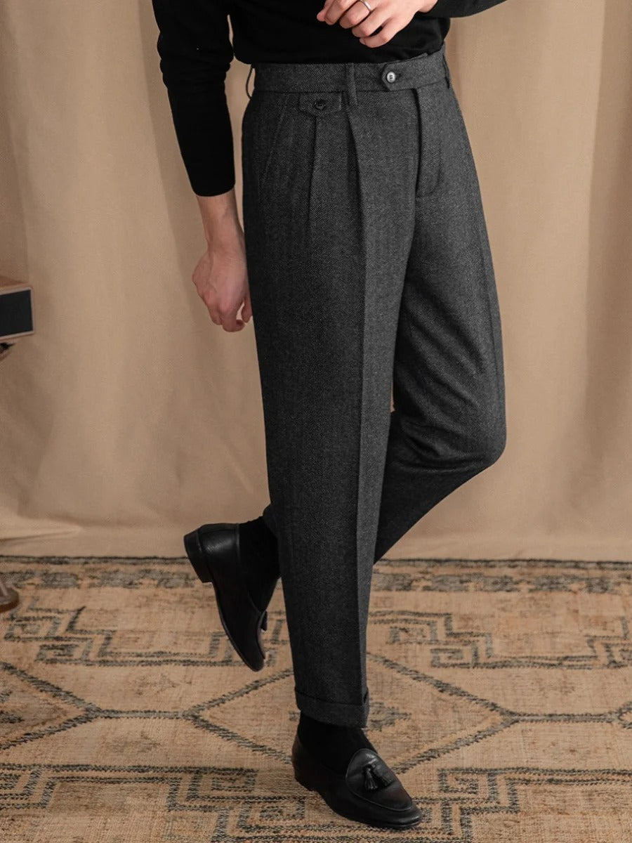 Valentio Wool Blend Herringbone Pleated Pants