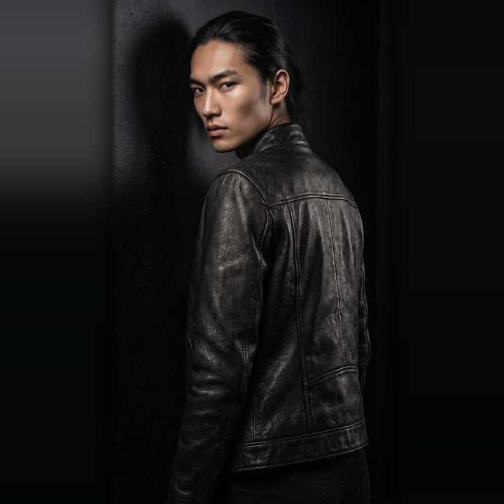 Callum Stand-Collar Cowhide Jacket, black