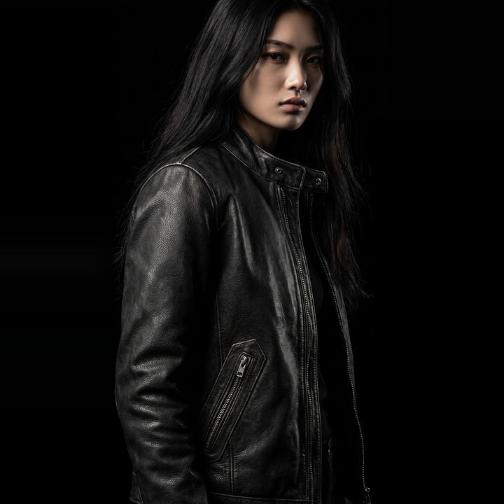 Callum Stand-Collar Cowhide Jacket, black (view 2)