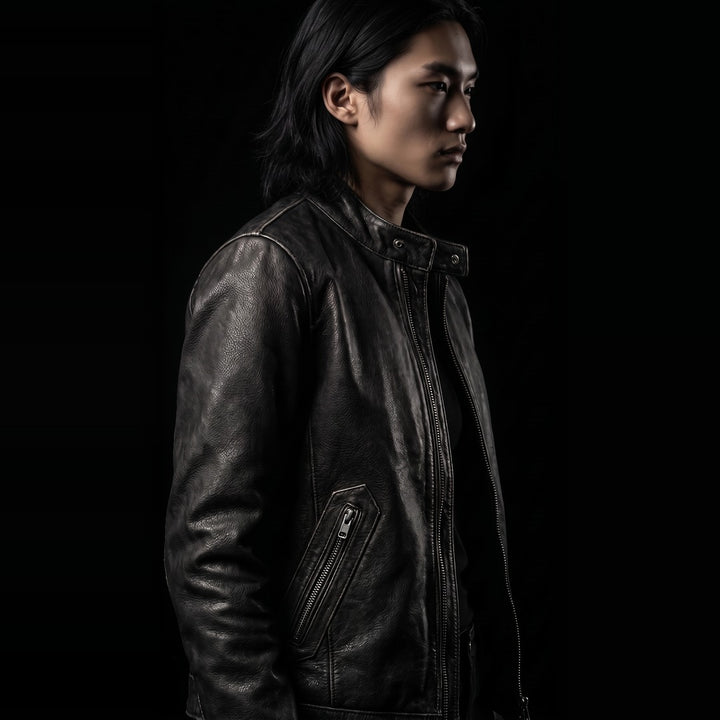Callum Stand-Collar Cowhide Jacket, black (view 4)