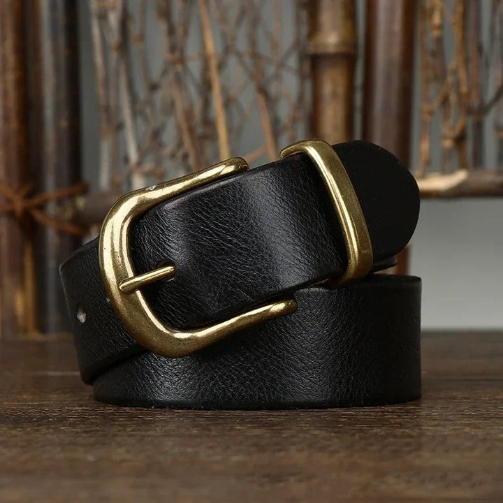 Matte cowhide pin-buckle belt — black, front buckle