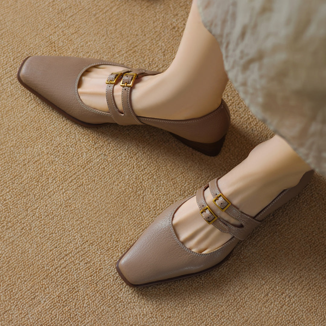 Bria Double Metal Buckle Leather Flats