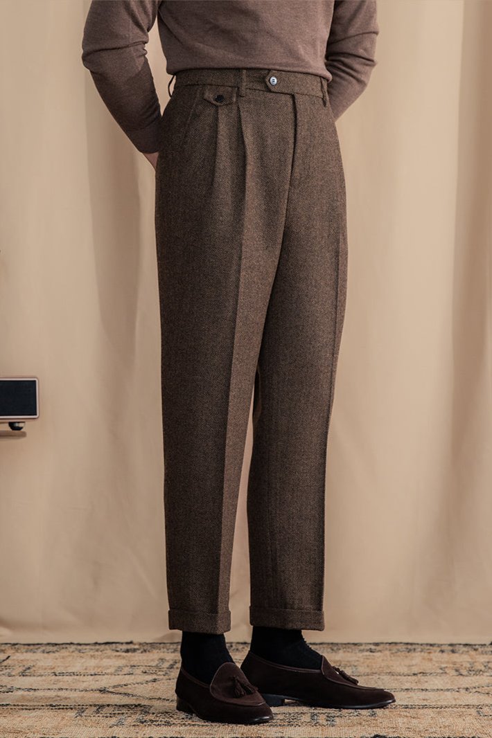 Valentio Wool Blend Herringbone Pleated Pants