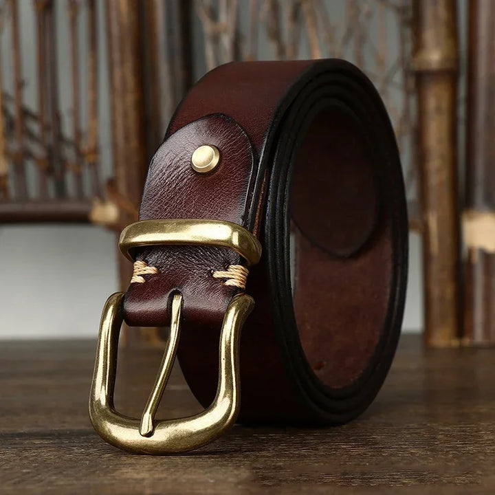 Matte cowhide pin-buckle belt — dark brown, rolled