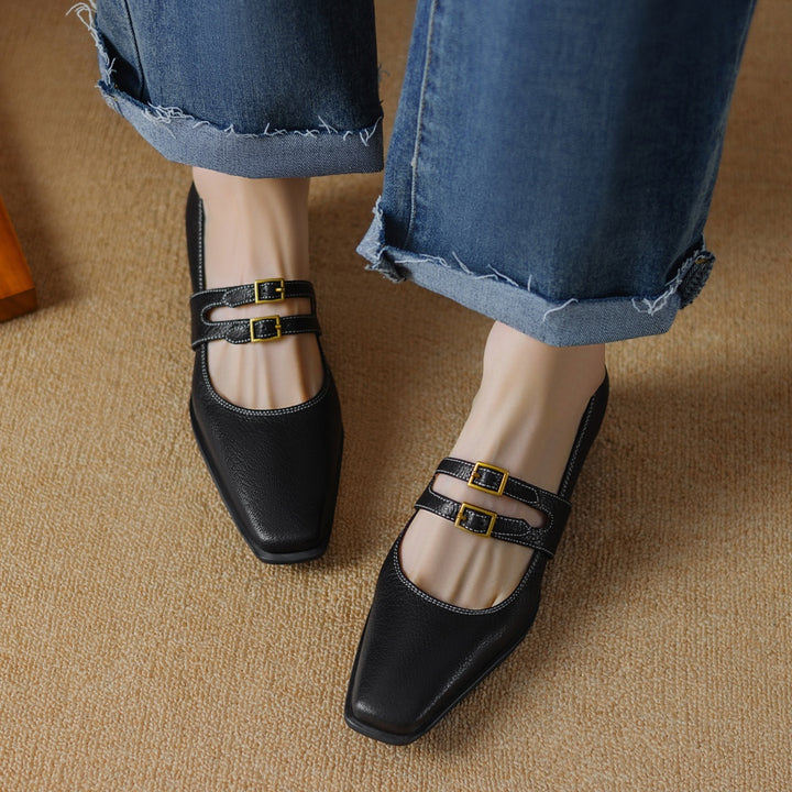 Bria Double Metal Buckle Leather Flats