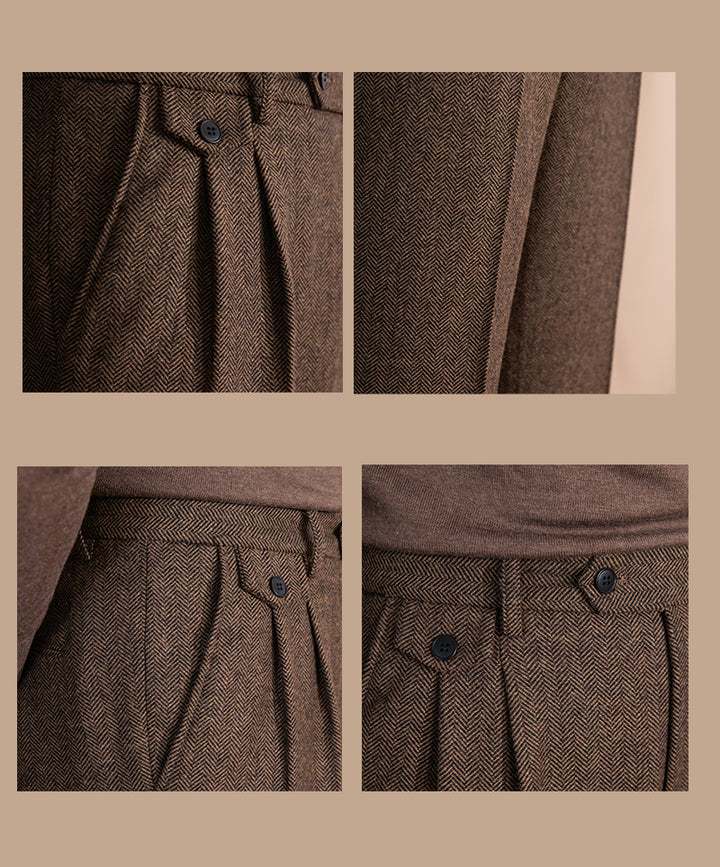 Valentio Wool Blend Herringbone Pleated Pants