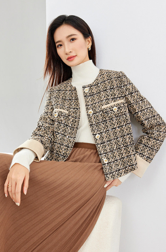 Charlotte Contrast Cuff Crop Tweed Jacket