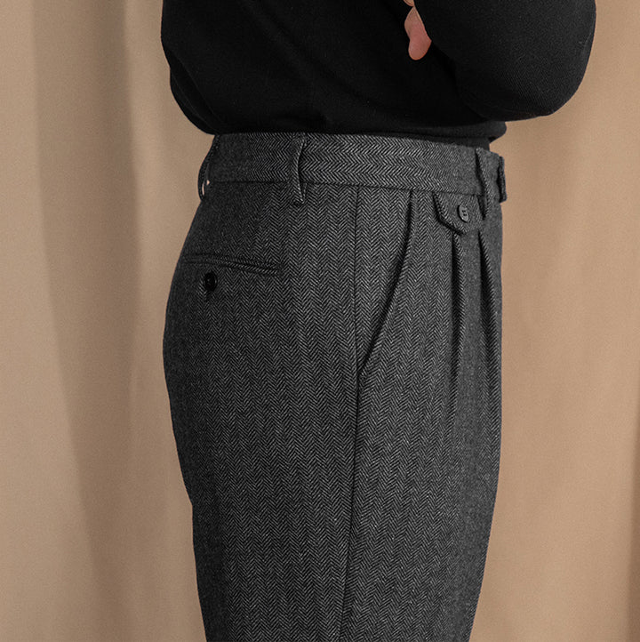 Valentio Wool Blend Herringbone Pleated Pants