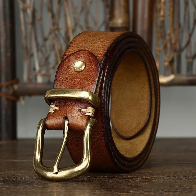 Matte cowhide pin-buckle belt — brown, rolled