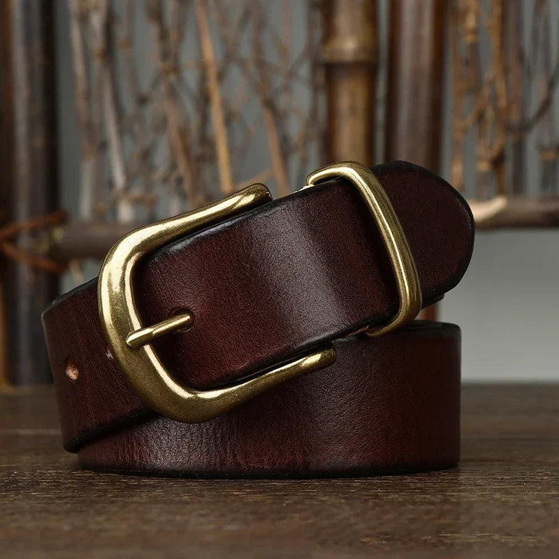 Matte cowhide pin-buckle belt — dark brown, front buckle