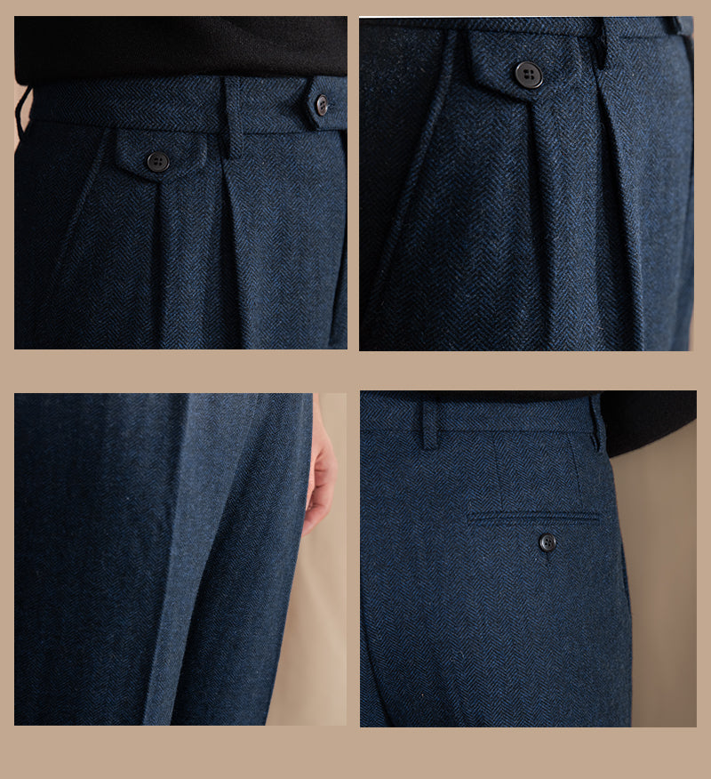 Valentio Wool Blend Herringbone Pleated Pants