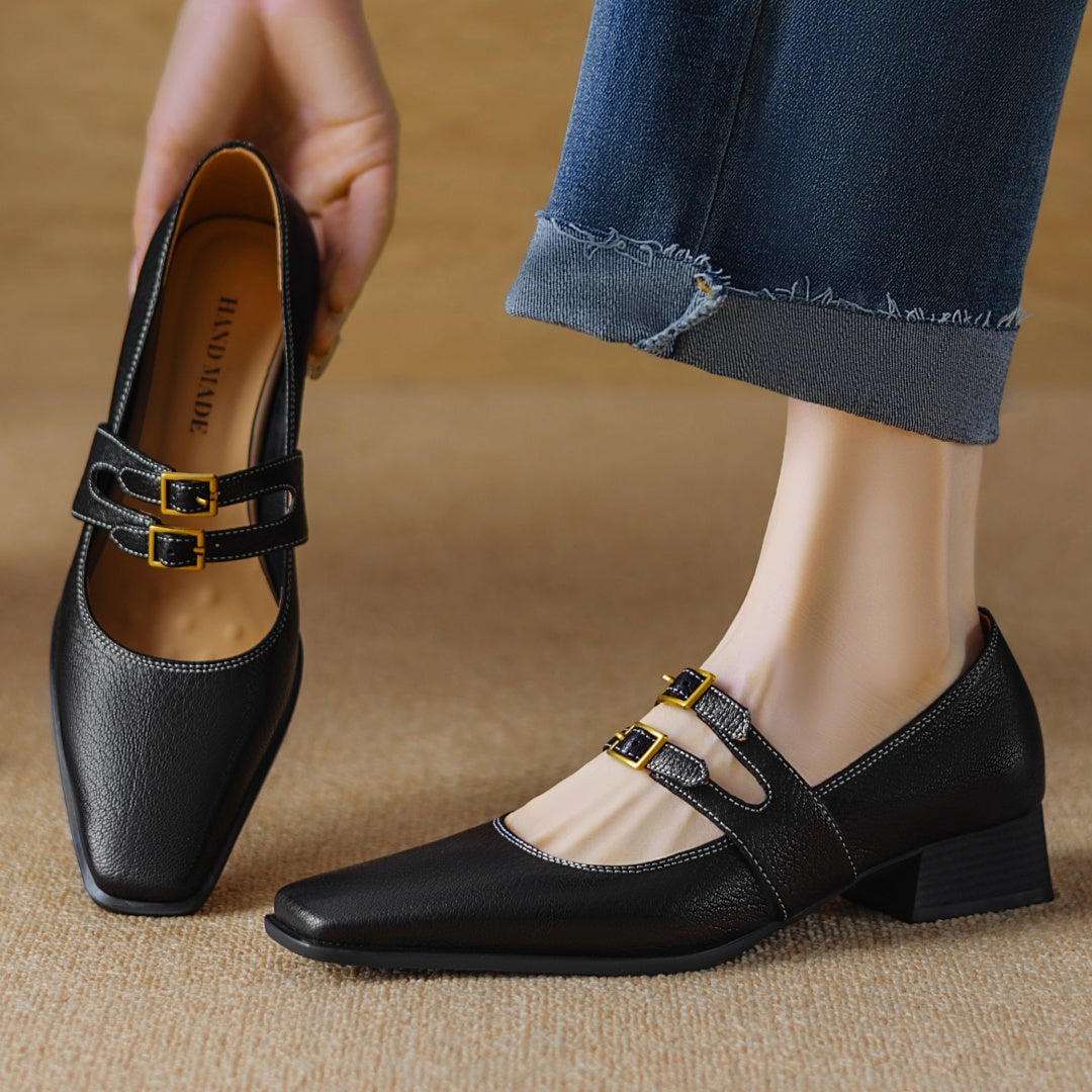 Bria Double Metal Buckle Leather Flats